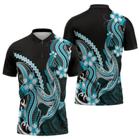 Blue Black Aloha Hawaii Zipper Polo Shirt Polynesian Shark Tattoo Plumeria LT14 - Polynesian Pride