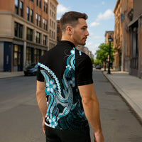 Blue Black Aloha Hawaii Zipper Polo Shirt Polynesian Shark Tattoo Plumeria LT14 - Polynesian Pride