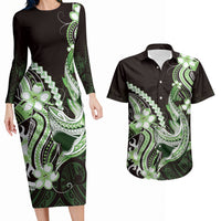 Green Black Aloha Hawaii Couples Matching Long Sleeve Bodycon Dress and Hawaiian Shirt Polynesian Shark Tattoo Plumeria LT14 Green - Polynesian Pride