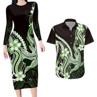 Green Black Aloha Hawaii Couples Matching Long Sleeve Bodycon Dress and Hawaiian Shirt Polynesian Shark Tattoo Plumeria