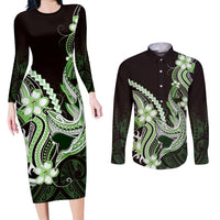 Green Black Aloha Hawaii Couples Matching Long Sleeve Bodycon Dress and Long Sleeve Button Shirt Polynesian Shark Tattoo Plumeria