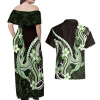 Green Black Aloha Hawaii Couples Matching Off Shoulder Maxi Dress and Hawaiian Shirt Polynesian Shark Tattoo Plumeria