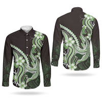 Green Black Aloha Hawaii Couples Matching Off Shoulder Maxi Dress and Long Sleeve Button Shirt Polynesian Shark Tattoo Plumeria LT14 - Polynesian Pride