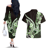 Green Black Aloha Hawaii Couples Matching Off The Shoulder Long Sleeve Dress and Hawaiian Shirt Polynesian Shark Tattoo Plumeria