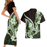 Green Black Aloha Hawaii Couples Matching Short Sleeve Bodycon Dress and Hawaiian Shirt Polynesian Shark Tattoo Plumeria