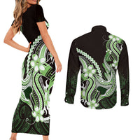 Green Black Aloha Hawaii Couples Matching Short Sleeve Bodycon Dress and Long Sleeve Button Shirt Polynesian Shark Tattoo Plumeria