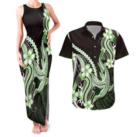 Green Black Aloha Hawaii Couples Matching Tank Maxi Dress and Hawaiian Shirt Polynesian Shark Tattoo Plumeria