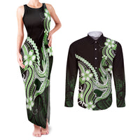 Green Black Aloha Hawaii Couples Matching Tank Maxi Dress and Long Sleeve Button Shirt Polynesian Shark Tattoo Plumeria