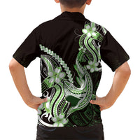 Green Black Aloha Hawaii Family Matching Long Sleeve Bodycon Dress and Hawaiian Shirt Polynesian Shark Tattoo Plumeria