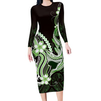 Green Black Aloha Hawaii Family Matching Long Sleeve Bodycon Dress and Hawaiian Shirt Polynesian Shark Tattoo Plumeria