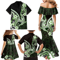 Green Black Aloha Hawaii Family Matching Mermaid Dress and Hawaiian Shirt Polynesian Shark Tattoo Plumeria