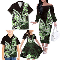 Green Black Aloha Hawaii Family Matching Off The Shoulder Long Sleeve Dress and Hawaiian Shirt Polynesian Shark Tattoo Plumeria