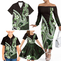Green Black Aloha Hawaii Family Matching Off The Shoulder Long Sleeve Dress and Hawaiian Shirt Polynesian Shark Tattoo Plumeria LT14 - Polynesian Pride