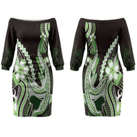 Green Black Aloha Hawaii Family Matching Off The Shoulder Long Sleeve Dress and Hawaiian Shirt Polynesian Shark Tattoo Plumeria LT14 Mom's Dress Green - Polynesian Pride