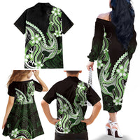 Green Black Aloha Hawaii Family Matching Off The Shoulder Long Sleeve Dress and Hawaiian Shirt Polynesian Shark Tattoo Plumeria