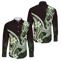 Green Black Aloha Hawaii Family Matching Off The Shoulder Long Sleeve Dress and Hawaiian Shirt Polynesian Shark Tattoo Plumeria LT14 Dad's Shirt - Long Sleeve Green - Polynesian Pride