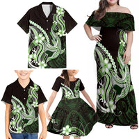 Green Black Aloha Hawaii Family Matching Off Shoulder Maxi Dress and Hawaiian Shirt Polynesian Shark Tattoo Plumeria