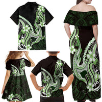 Green Black Aloha Hawaii Family Matching Off Shoulder Maxi Dress and Hawaiian Shirt Polynesian Shark Tattoo Plumeria