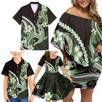Green Black Aloha Hawaii Family Matching Off Shoulder Short Dress and Hawaiian Shirt Polynesian Shark Tattoo Plumeria LT14 - Polynesian Pride