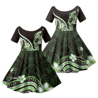 Green Black Aloha Hawaii Family Matching Puletasi and Hawaiian Shirt Polynesian Shark Tattoo Plumeria LT14 Daughter's Dress Green - Polynesian Pride
