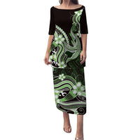 Green Black Aloha Hawaii Family Matching Puletasi and Hawaiian Shirt Polynesian Shark Tattoo Plumeria