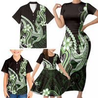 Green Black Aloha Hawaii Family Matching Short Sleeve Bodycon Dress and Hawaiian Shirt Polynesian Shark Tattoo Plumeria LT14 - Polynesian Pride