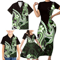 Green Black Aloha Hawaii Family Matching Short Sleeve Bodycon Dress and Hawaiian Shirt Polynesian Shark Tattoo Plumeria