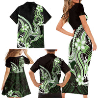 Green Black Aloha Hawaii Family Matching Short Sleeve Bodycon Dress and Hawaiian Shirt Polynesian Shark Tattoo Plumeria