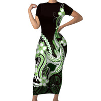 Green Black Aloha Hawaii Family Matching Short Sleeve Bodycon Dress and Hawaiian Shirt Polynesian Shark Tattoo Plumeria