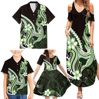 Green Black Aloha Hawaii Family Matching Summer Maxi Dress and Hawaiian Shirt Polynesian Shark Tattoo Plumeria