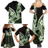 Green Black Aloha Hawaii Family Matching Summer Maxi Dress and Hawaiian Shirt Polynesian Shark Tattoo Plumeria