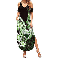 Green Black Aloha Hawaii Family Matching Summer Maxi Dress and Hawaiian Shirt Polynesian Shark Tattoo Plumeria