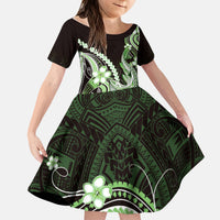 Green Black Aloha Hawaii Kid Short Sleeve Dress Polynesian Shark Tattoo Plumeria