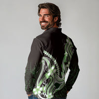 Green Black Aloha Hawaii Long Sleeve Polo Shirt Polynesian Shark Tattoo Plumeria