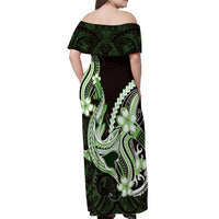 Green Black Aloha Hawaii Off Shoulder Maxi Dress Polynesian Shark Tattoo Plumeria LT14 - Polynesian Pride