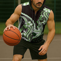 Green Black Aloha Hawaii Sleeveless Zip Hoodie Polynesian Shark Tattoo Plumeria