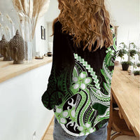 Green Black Aloha Hawaii Women Casual Shirt Polynesian Shark Tattoo Plumeria