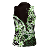 Green Black Aloha Hawaii Women Sleeveless Polo Shirt Polynesian Shark Tattoo Plumeria