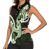 Green Black Aloha Hawaii Women Sleeveless Polo Shirt Polynesian Shark Tattoo Plumeria