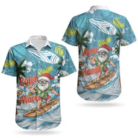 Hawaii Summer Christmas Couples Matching Off The Shoulder Long Sleeve Dress and Hawaiian Shirt Surfing Santa Shaka Catch The Wave LT14 - Polynesian Pride