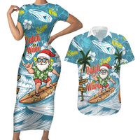 Hawaii Summer Christmas Couples Matching Short Sleeve Bodycon Dress and Hawaiian Shirt Surfing Santa Shaka Catch The Wave