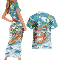 Hawaii Summer Christmas Couples Matching Short Sleeve Bodycon Dress and Hawaiian Shirt Surfing Santa Shaka Catch The Wave