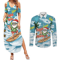 Hawaii Summer Christmas Couples Matching Summer Maxi Dress and Long Sleeve Button Shirt Surfing Santa Shaka Catch The Wave