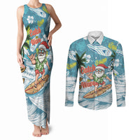 Hawaii Summer Christmas Couples Matching Tank Maxi Dress and Long Sleeve Button Shirt Surfing Santa Shaka Catch The Wave LT14 Teal - Polynesian Pride