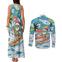 Hawaii Summer Christmas Couples Matching Tank Maxi Dress and Long Sleeve Button Shirt Surfing Santa Shaka Catch The Wave
