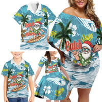 Hawaii Summer Christmas Family Matching Off Shoulder Short Dress and Hawaiian Shirt Surfing Santa Shaka Catch The Wave