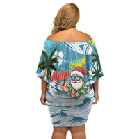 Hawaii Summer Christmas Family Matching Off Shoulder Short Dress and Hawaiian Shirt Surfing Santa Shaka Catch The Wave