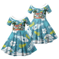 Hawaii Summer Christmas Family Matching Short Sleeve Bodycon Dress and Hawaiian Shirt Surfing Santa Shaka Catch The Wave LT14 Daughter's Dress Teal - Polynesian Pride