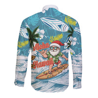 Hawaii Summer Christmas Long Sleeve Button Shirt Surfing Santa Shaka Catch The Wave LT14 - Polynesian Pride