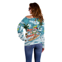 Hawaii Summer Christmas Off Shoulder Sweater Surfing Santa Shaka Catch The Wave